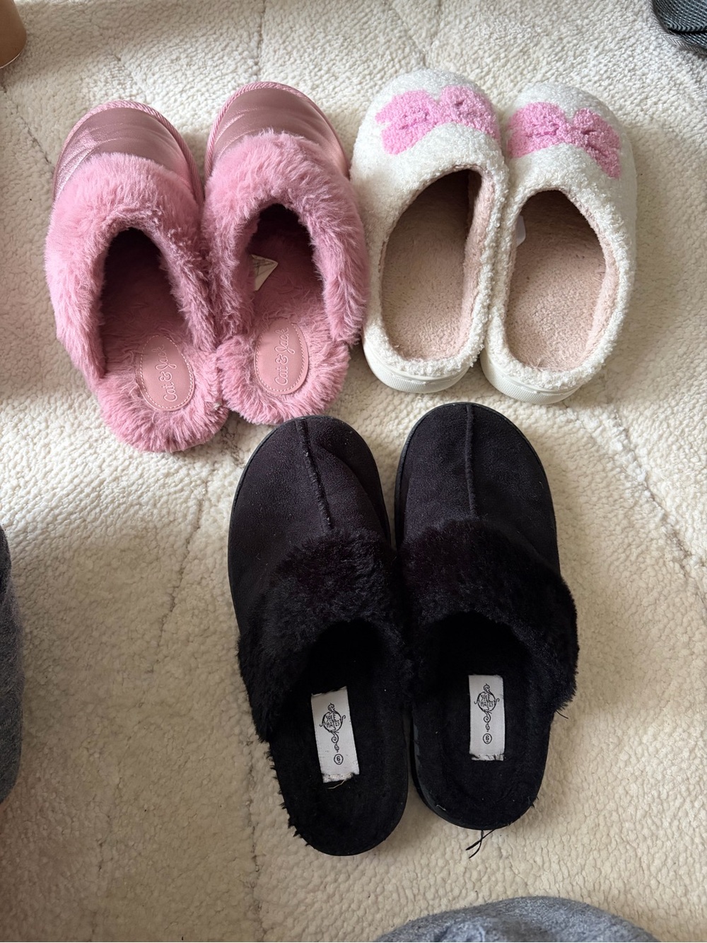 Kids Fuzzy Slip-On Slippers - Pink, Cream & Black